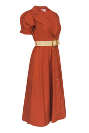Current Boutique-WeWoreWhat - Burnt Orange Puff Sleeve Button-Up Belted "Bella" Midi Dress Sz M
