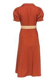 Current Boutique-WeWoreWhat - Burnt Orange Puff Sleeve Button-Up Belted "Bella" Midi Dress Sz M