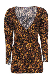 Current Boutique-WeWoreWhat - Orange & Black Printed Puff Sleeve Mini Wrap Dress Sz XS