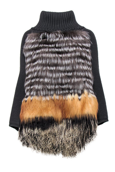 Current Boutique-Weekend Max Mara - Grey Knitted Turtleneck Poncho w/ Fur Front One Size