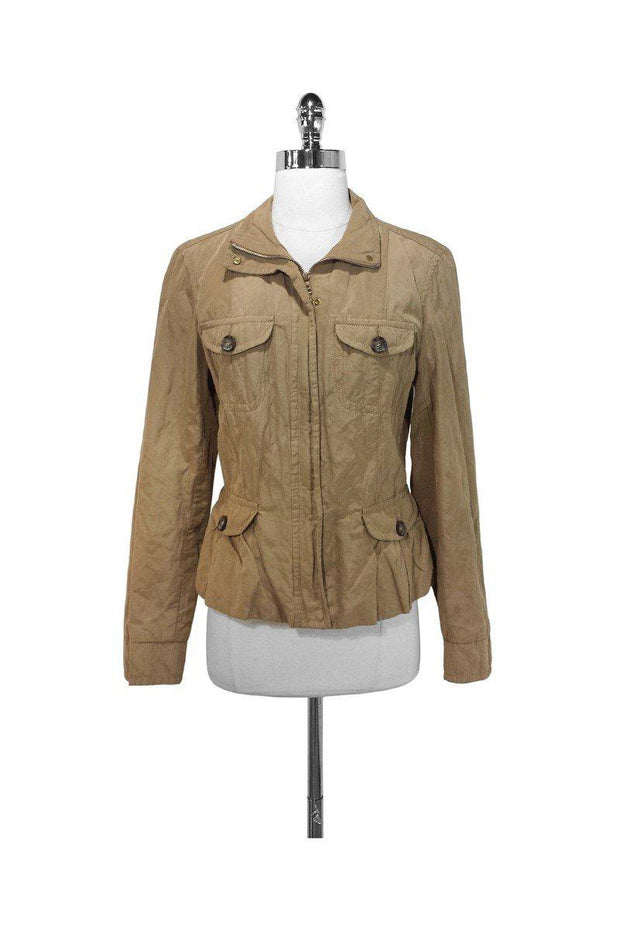 Current Boutique-Weekend Max Mara - Khaki Zip & Button Crinkle Jacket Sz 10