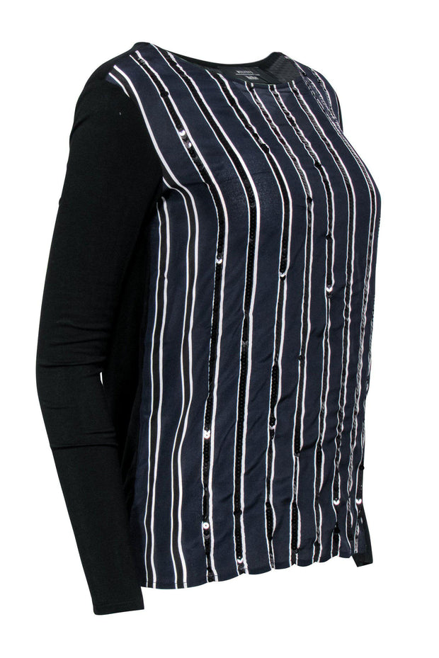 Current Boutique-Weekend Max Mara - Navy & Black Long Sleeve Shirt w/ Sequin Embellished Stripes Sz M