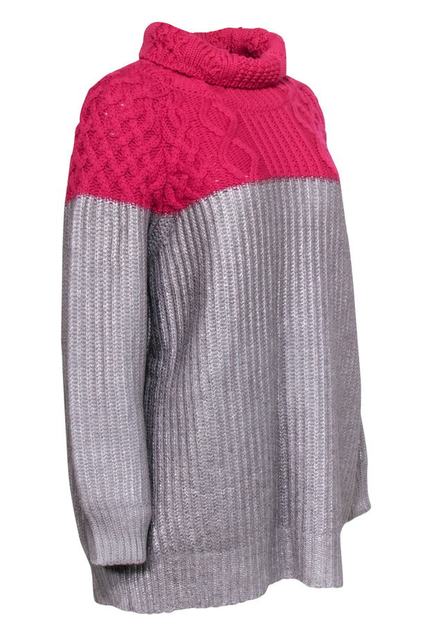 Current Boutique-Weekend Max Mara - Silver & Hot Pink Colorblocked Tunic-Style Turtleneck Sweater Sz M