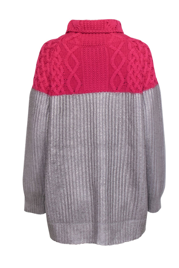 Current Boutique-Weekend Max Mara - Silver & Hot Pink Colorblocked Tunic-Style Turtleneck Sweater Sz M