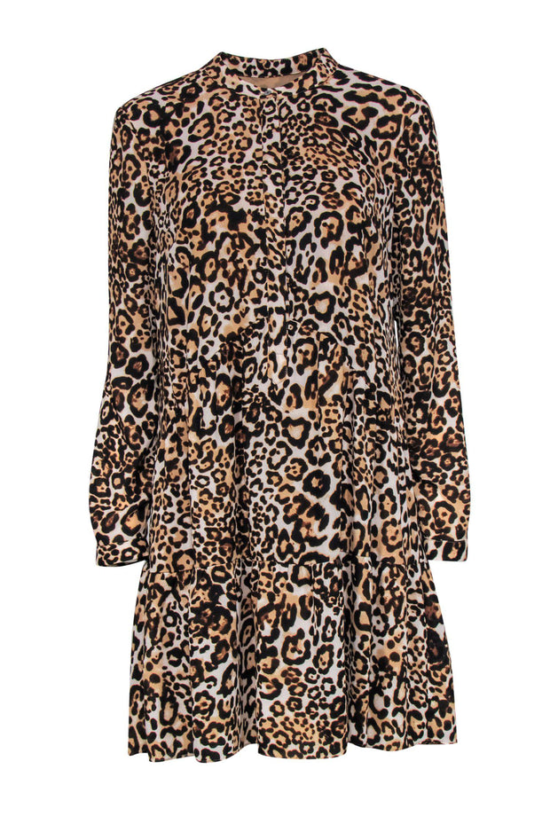 Current Boutique-Whistles - Beige Leopard Print Long Sleeve Half Button-Up Tiered Dress Sz M