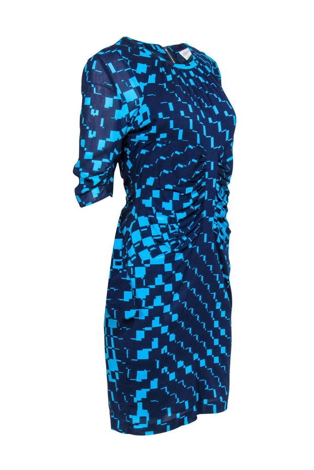 Current Boutique-Whistles - Blue Geometric Printed Gathered Silk Dress Sz 8