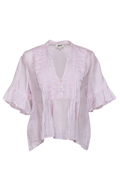 Current Boutique-Whit - Pink Pleated Ruffle Sleeved Linen Shirt Sz P
