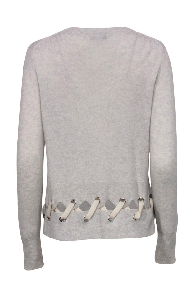 Current Boutique-White & Warren - Light Grey Cashmere Sweater w/ Grommet Tie Design Sz M