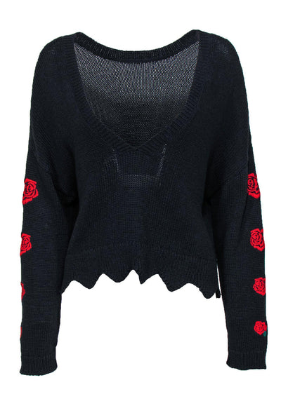 Current Boutique-Wildfox - Black Cropped V-Neck Sweater w/ Rose Embroidery Sz S
