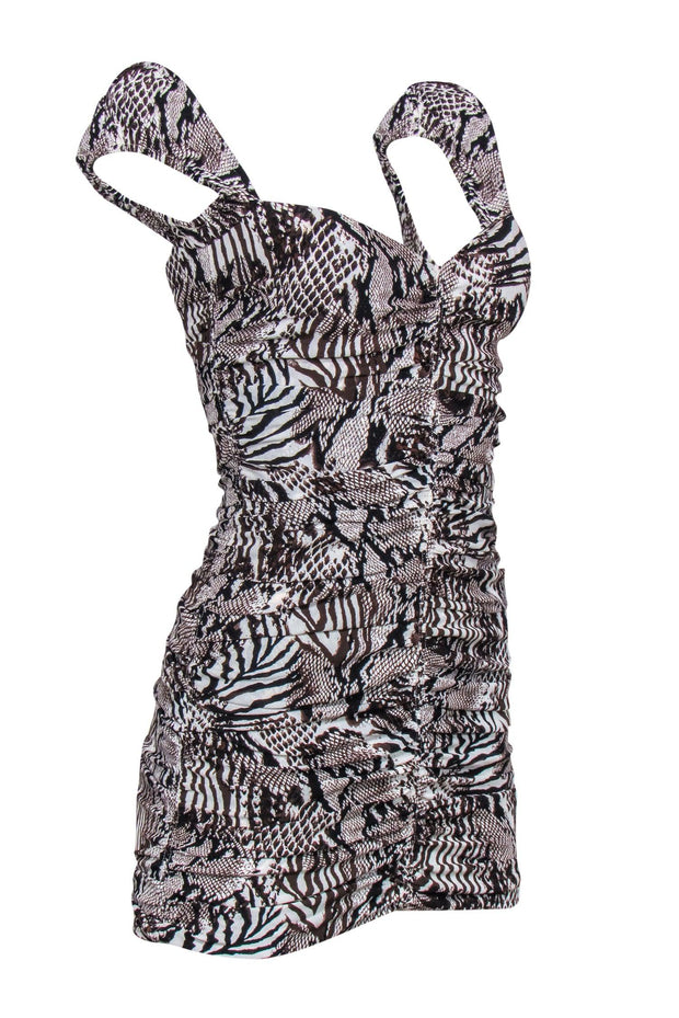 Current Boutique-Wilfred by Aritzia - Brown & White Multi-Animal Print Ruched Bodycon Dress Sz 00