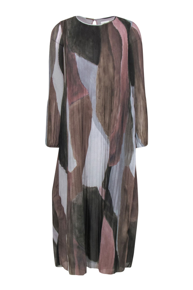 Current Boutique-Wilfred by Aritzia - Grey, Brown & Pink Watercolor Print Pleated Midi Dress Sz XXS