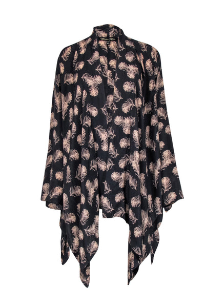 Current Boutique-Winter Kate - Black & Tan Feather Print Hi-Lo Silk Kimono Sz XS