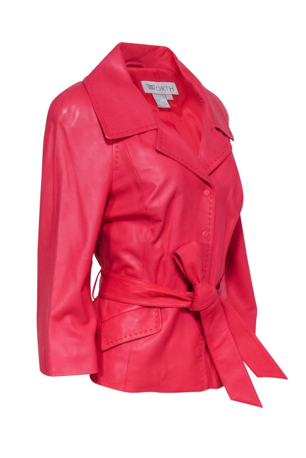 Current Boutique-Worth New York - Bright Pink Smooth Leather Belted Jacket Sz 10