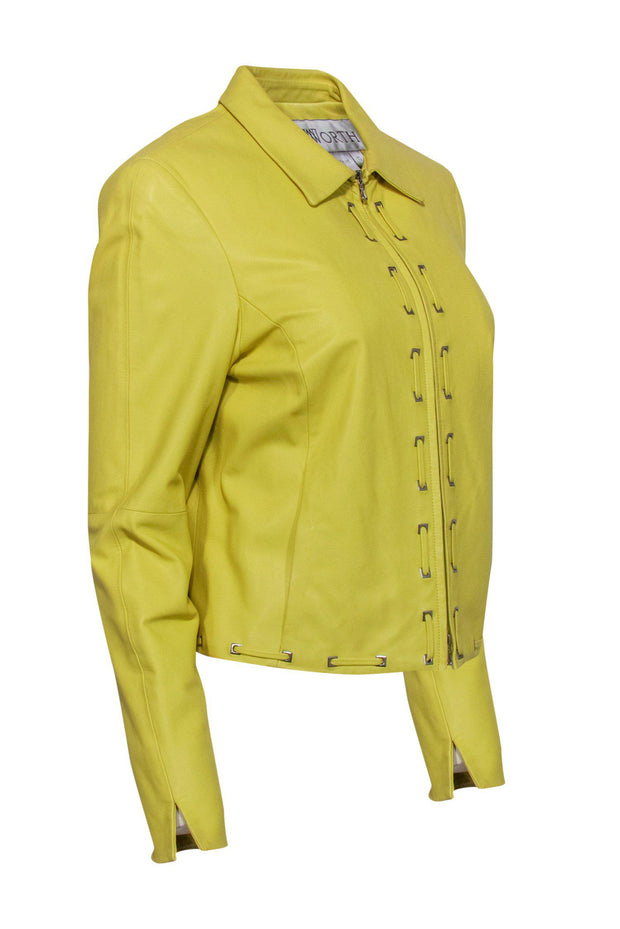 Current Boutique-Worth New York - Neon Yellow Zip-Up Leather Jacket w/ Stitched Trim Sz 10