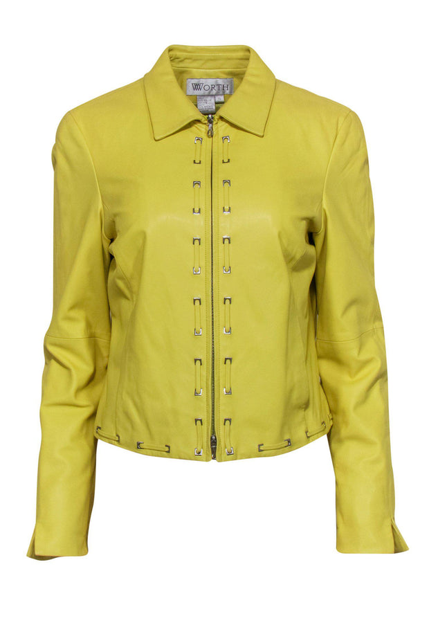 Current Boutique-Worth New York - Neon Yellow Zip-Up Leather Jacket w/ Stitched Trim Sz 10