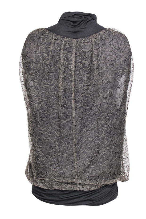 Current Boutique-Yigal Azrouel - Olive Green & Gray Draped Lace Blouse Sz 6