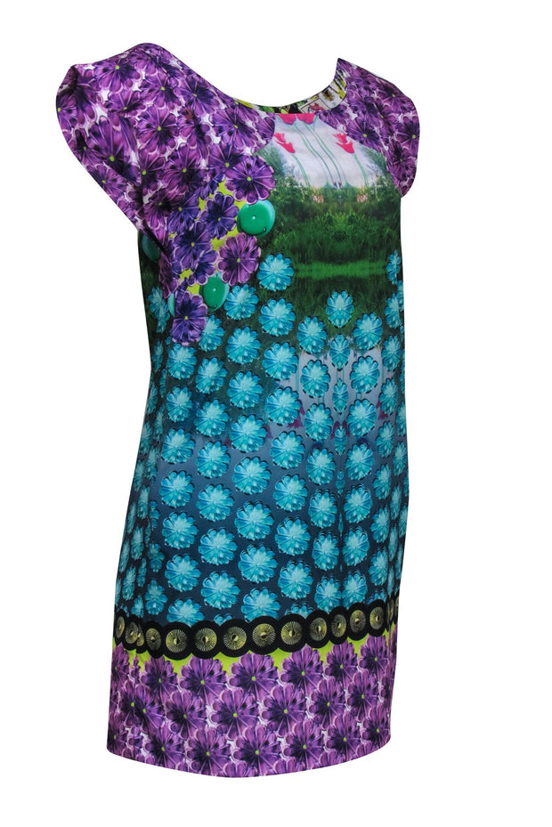 Current Boutique-Yoana Baraschi - Blue & Purple Flower Print Dress w/ Garden Scene Sz 4