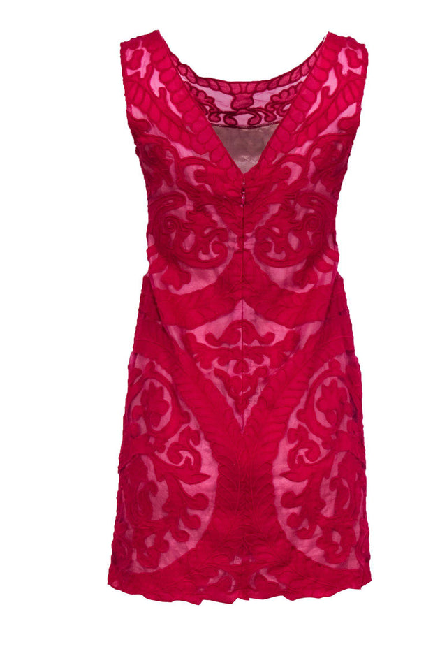 Current Boutique-Yoana Baraschi - Hot Pink Embroidered Sheer Overlay Sheath Dress Sz 4