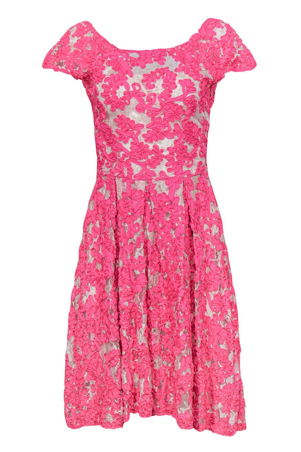 Current Boutique-Yoana Baraschi - Hot Pink & Nude Floral Lace Cap Sleeve Fit & Flare Dress Sz S
