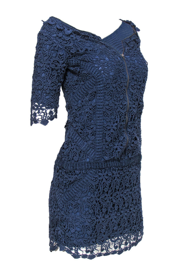 Current Boutique-Yoana Baraschi - Navy Lace Sheath Dress w/ Zipper Detail Sz 2