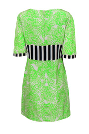 Current Boutique-Yoana Baraschi - Neon Green & Grey Bohemian Print Shift Dress w/ Striped Trim Sz 8