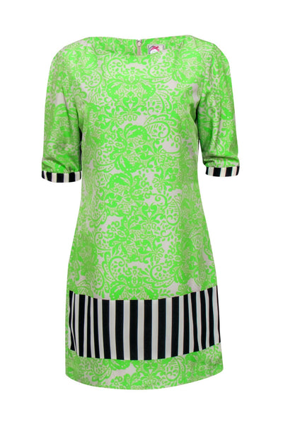 Current Boutique-Yoana Baraschi - Neon Green & Grey Bohemian Print Shift Dress w/ Striped Trim Sz 8