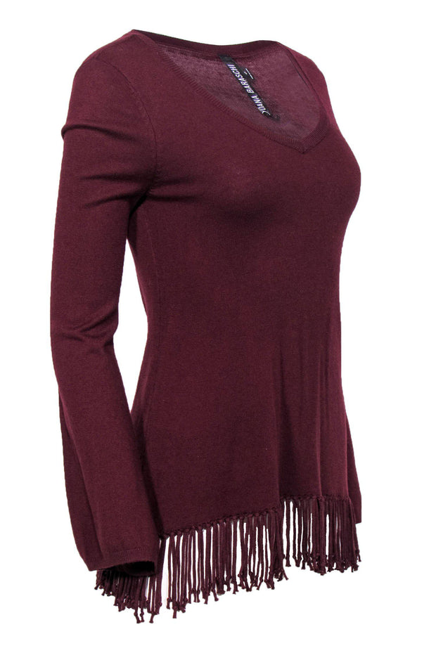 Current Boutique-Yoana Baraschi - Oxblood V-Neck Sweater w/ Fringe Sz S