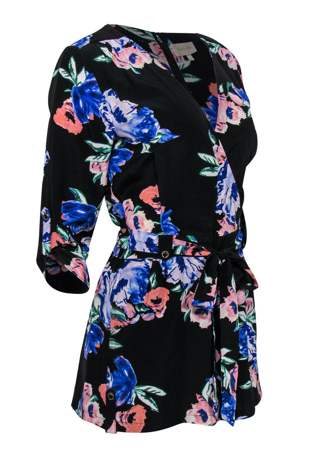 Current Boutique-Yumi Kim - Black Floral Long Sleeve Belted Romper Sz S