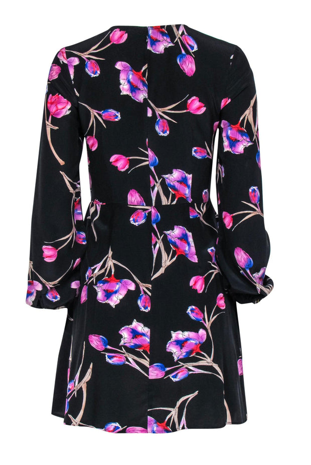 Current Boutique-Yumi Kim - Black Floral Print Long Sleeve Silk Swing Dress Sz S