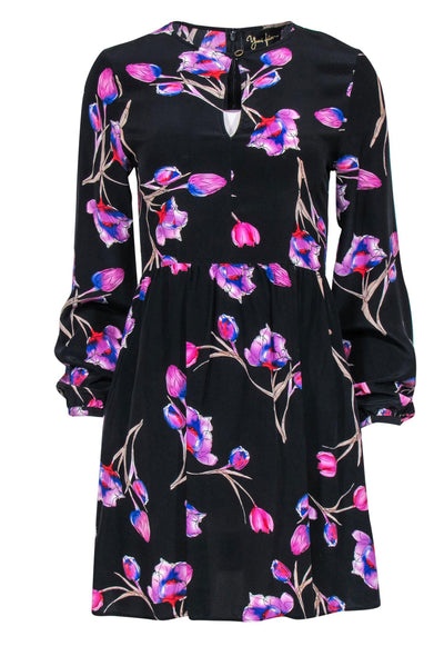 Current Boutique-Yumi Kim - Black Floral Print Long Sleeve Silk Swing Dress Sz S
