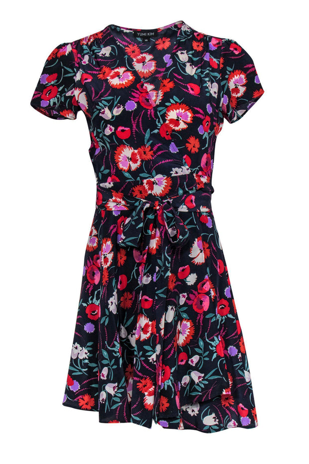 Current Boutique-Yumi Kim - Black Floral Printed Short Sleeved Wrap Dress Sz XS