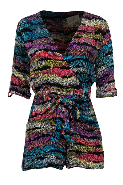 Current Boutique-Yumi Kim - Black & Multicolored Printed Quarter Sleeve Belted Silk Romper Sz L
