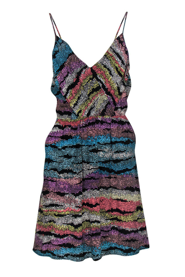 Current Boutique-Yumi Kim - Black & Multicolored Printed Silk Spaghetti Strap Fit & Flare Dress Sz M