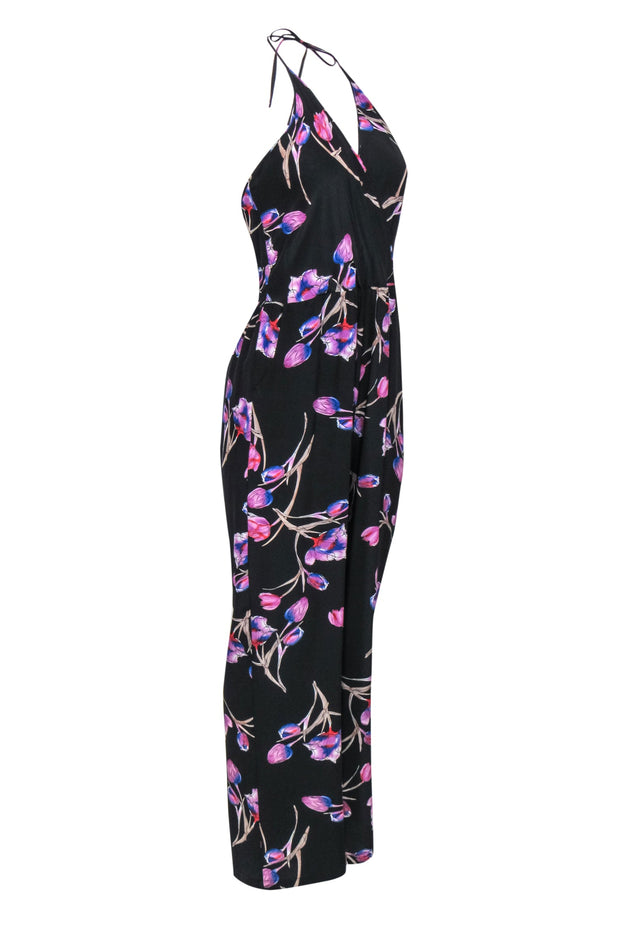 Current Boutique-Yumi Kim - Black, Purple & Blue Floral Print Halter Silk Jumpsuit Sz L