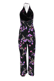 Current Boutique-Yumi Kim - Black, Purple & Blue Floral Print Halter Silk Jumpsuit Sz L