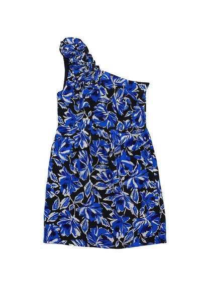 Current Boutique-Yumi Kim - Cobalt & Black Floral One Shoulder Silk Dress Sz S