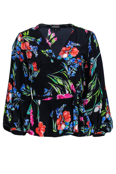 Current Boutique-Yumi Kim - Navy Floral Wrap Silk Blouse Sz XS