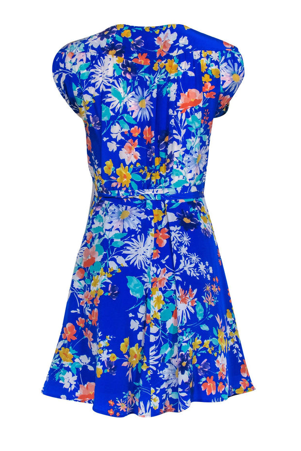 Current Boutique-Yumi Kim - Royal Blue Floral Print Short Sleeve Silk Wrap Dress Sz M