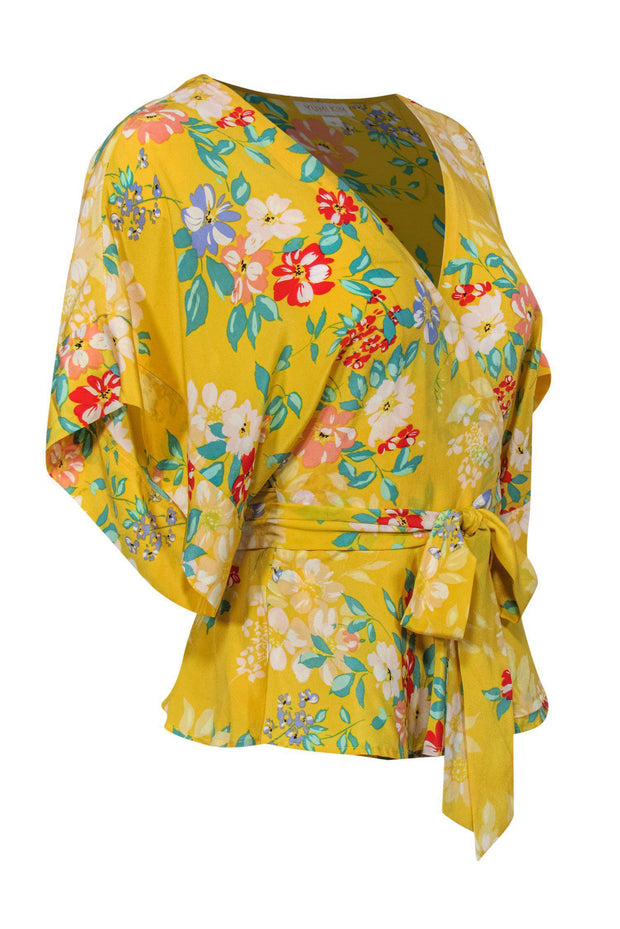 Current Boutique-Yumi Kim - Yellow Floral Print Short Sleeve Wrap Blouse Sz S