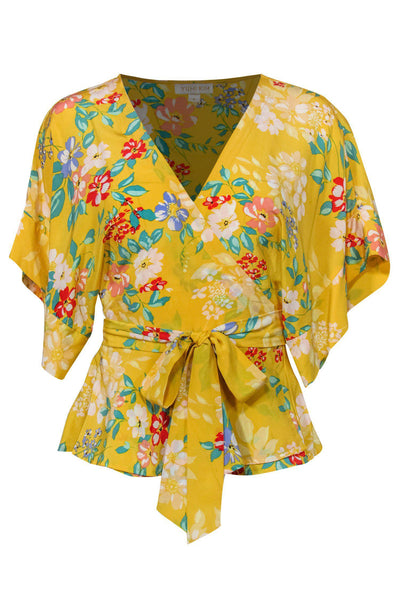 Current Boutique-Yumi Kim - Yellow Floral Print Short Sleeve Wrap Blouse Sz S