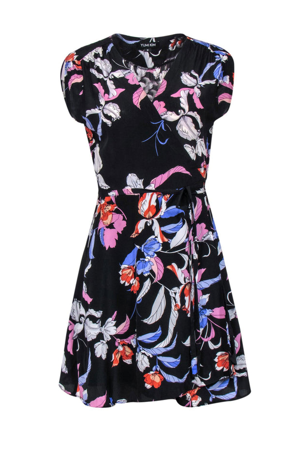 Current Boutique-Yumi kim - Black Blue & Pink Floral Print Wrap Dress Sz M