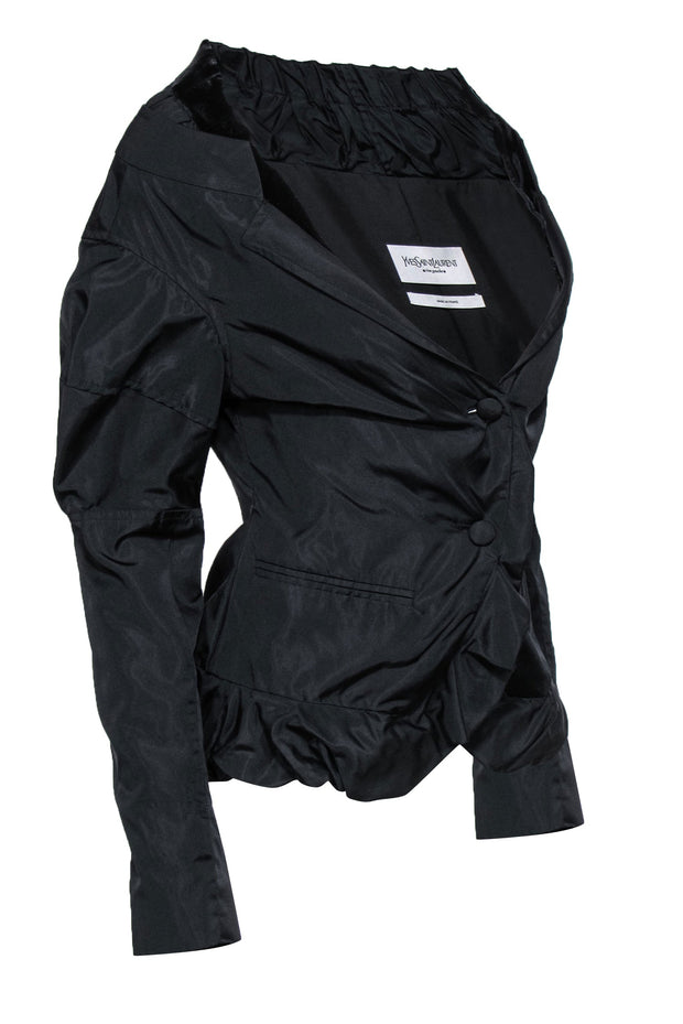 Current Boutique-Yves Saint Laurent - Black Button-Up Silk Blazer w/ Velvet Trim Sz 6