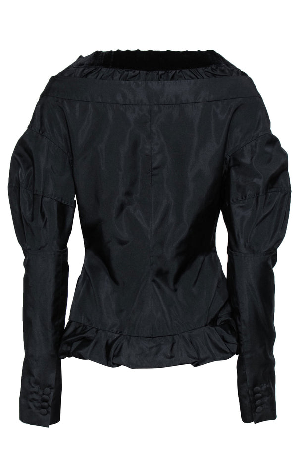 Current Boutique-Yves Saint Laurent - Black Button-Up Silk Blazer w/ Velvet Trim Sz 6