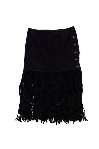 Current Boutique-Yves Saint Laurent - Black Lamb Suede Fringe Skirt Sz 4