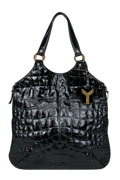 Current Boutique-Yves Saint Laurent - Black Leather Crocodile Embossed Tribute Tote
