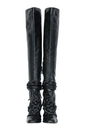 Current Boutique-Yves Saint Laurent - Black Leather Thigh High Boots w/ Braided Lace-Up Design Sz 10
