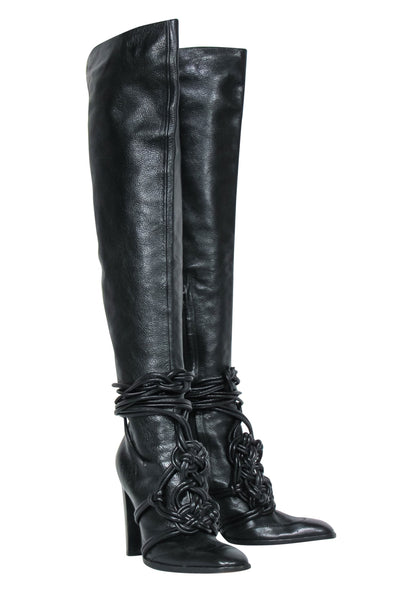 Current Boutique-Yves Saint Laurent - Black Leather Thigh High Boots w/ Braided Lace-Up Design Sz 10