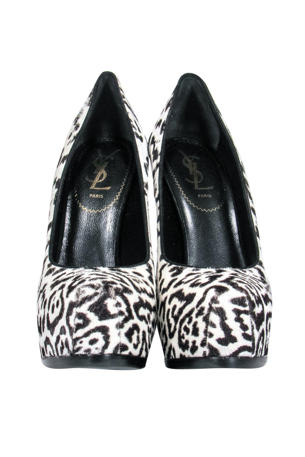 Current Boutique-Yves Saint Laurent - Black & White Calf Hair Leopard Print Stilettos Sz 8.5