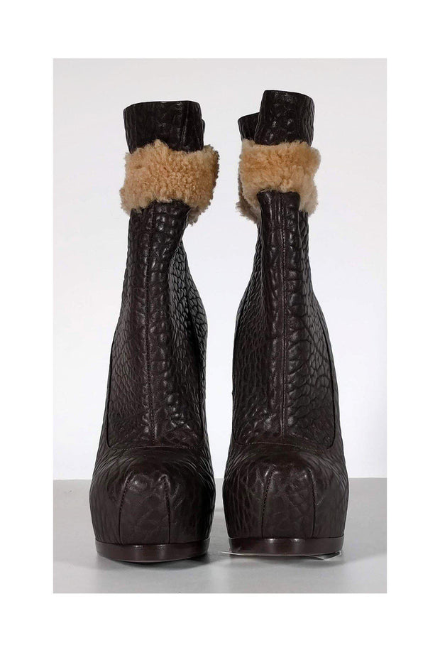 Current Boutique-Yves Saint Laurent - Brown Embossed Faux Fur Booties Sz 5.5