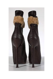 Current Boutique-Yves Saint Laurent - Brown Embossed Faux Fur Booties Sz 5.5